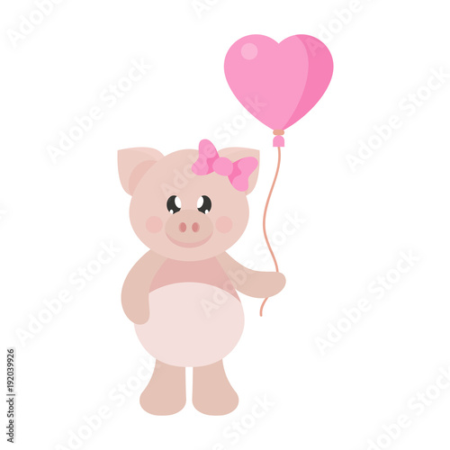 cartoon cute pig girl with bow and lovely balloons