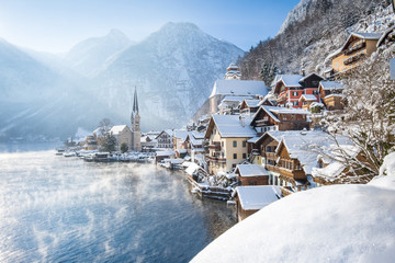 Classic view of Hallstatt in winter, Salzkammergut, Austria