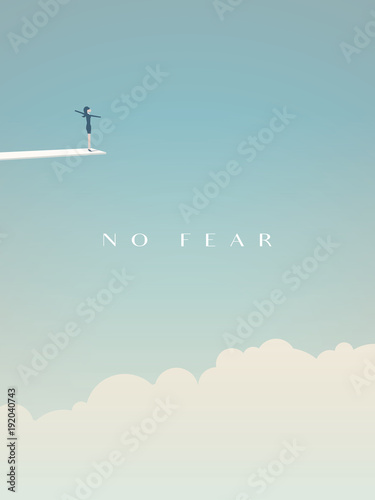 Brave, fearless woman standing on jumping board above clouds vector concept. Symbol of feminism, gender equality, courage, emancipation and women power in business.