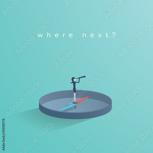 Businesswoman standing on top of compass vector concept. Business symbol of making decision, finding solutions, looking for opportunity.