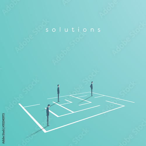 Business team looking for solution in a maze. Vector concept of finding solution, challenge, brainstorming and teamwork.