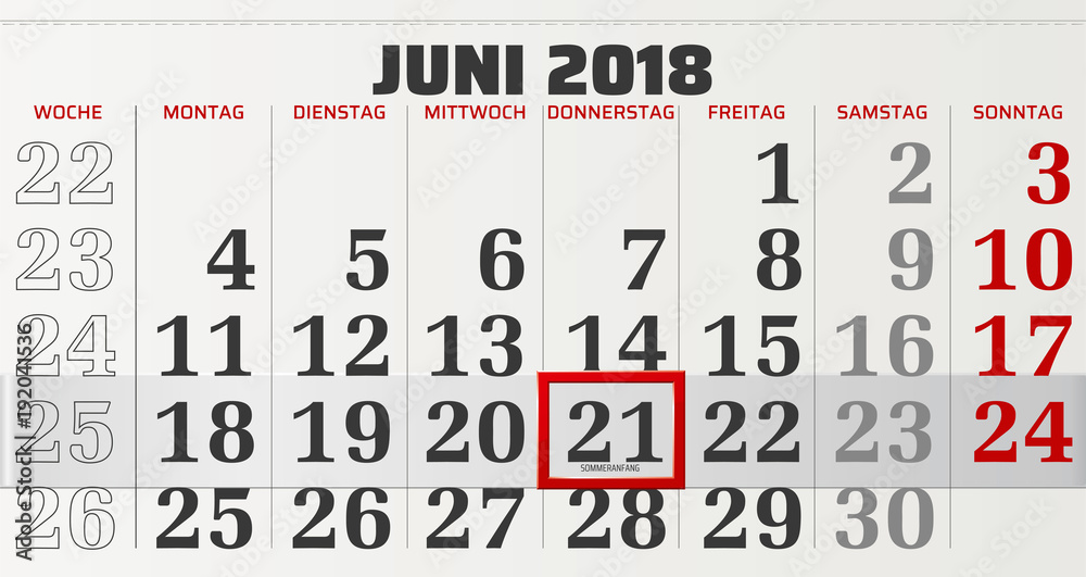 Monatskalender Juni 2018 Vektor Grafik mit verschiebbarem Rahmen, der auf Sommeranfang steht