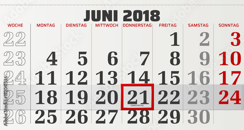 Monatskalender Juni 2018 Vektor Grafik mit verschiebbarem Rahmen, der auf Sommeranfang steht