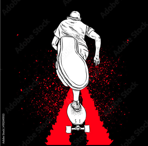 Skateboarder on a skateboard. Grunge background with blots. Vector illustration