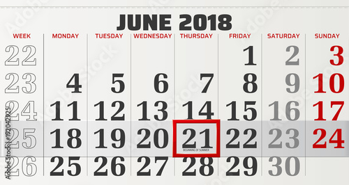 vector calendar of june 2018 with slidable red frame and beginning of summertime in focus