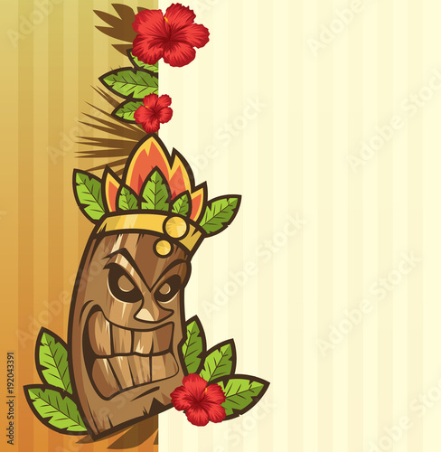 Tiki mask with leaves and fire funny cartoon vector illustration