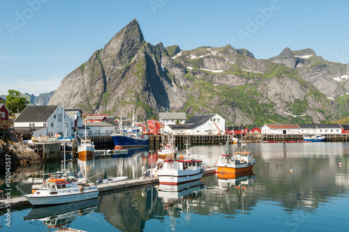 Fishing harbor at Hamnoy in Lofoten. Hamnoy is an idyllic fishing village and a popular travel destination in northern Norway.