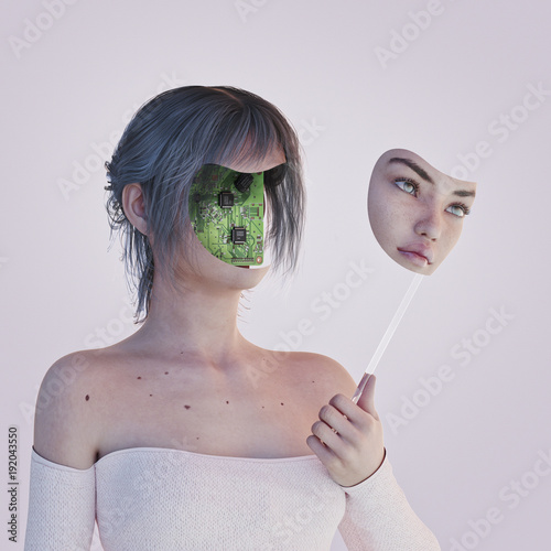 Robot woman removing face mask revealing circuits photo