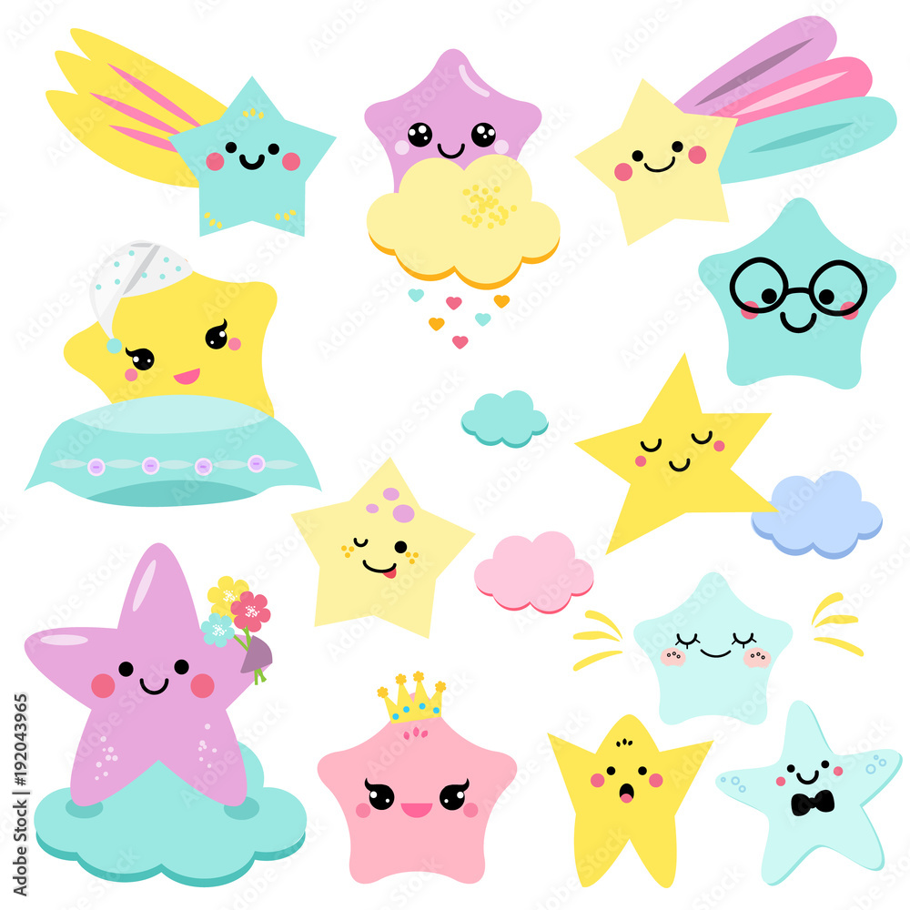 Obraz premium Cute stars vector illustration for kids. isolated design children. baby shower stars, design elements in kawaii style