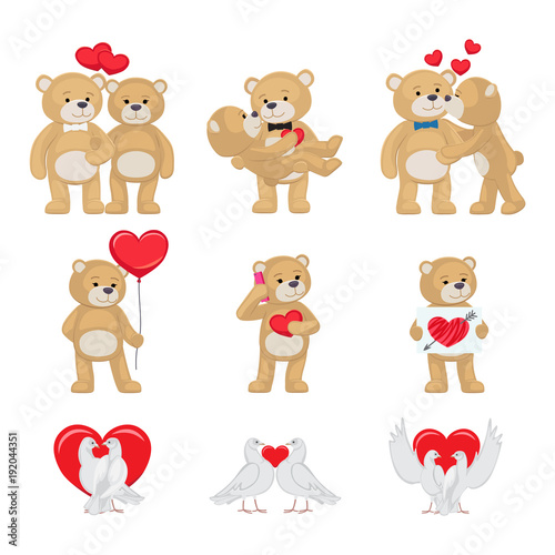 Fototapeta Naklejka Na Ścianę i Meble -  Cute Soft Toy Bears and White Doves in Love Set