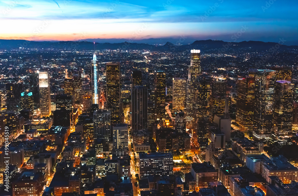 Aerial view of Downtown Los Angeles at twilight