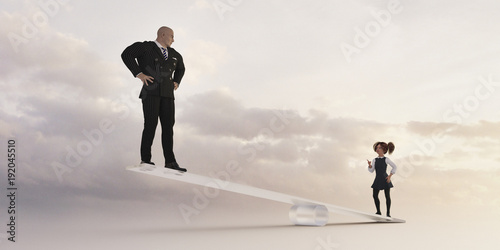 Girl on seesaw lifting businessman