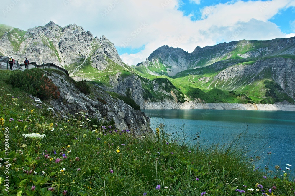 Austrian Alps-view on the lake Lunersee and mountains Ratikon