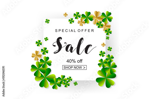 Happy Saint Patrick's Day background, greeting card with green and gold four and tree leaf clovers, white paper art design. Vector illustration.