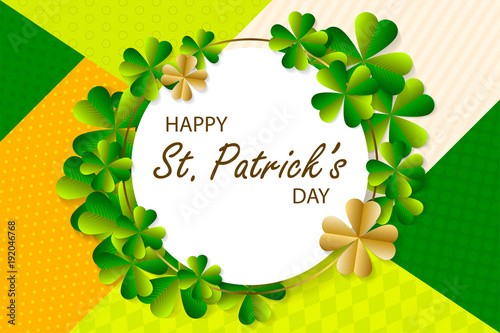 Happy Saint Patrick's Day background, greeting card with green and gold four and tree leaf clovers, modern geometric template, trendy paper art design. Vector illustration.