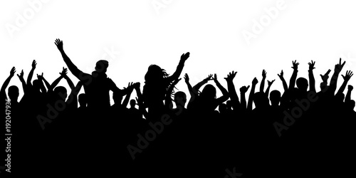 Cheerful crowd silhouette background. Party people, applaud. Fans dance concert, disco.