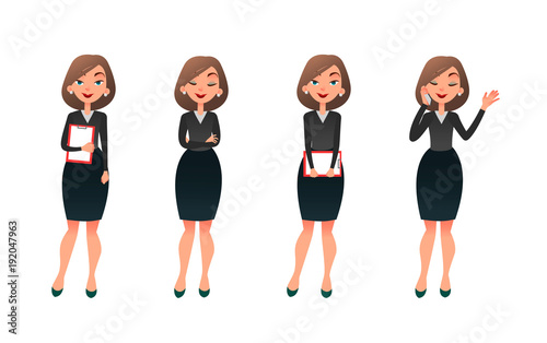Set character businesswoman in various poses. Cartoon vector secretary or teacher on different working situations. Smiling business woman flat character on a white background
