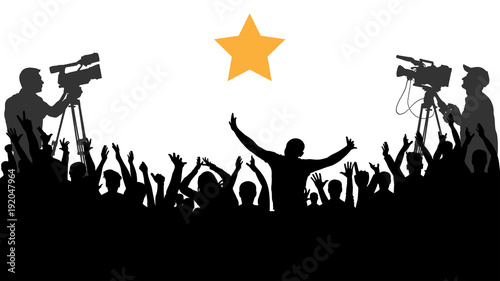 Cheering crowd people concert, party. Applause sports fans. Cameraman shoots a celebrity. Isolated background silhouette vector. A merry crowd of friends rejoice and applaud the star idol.