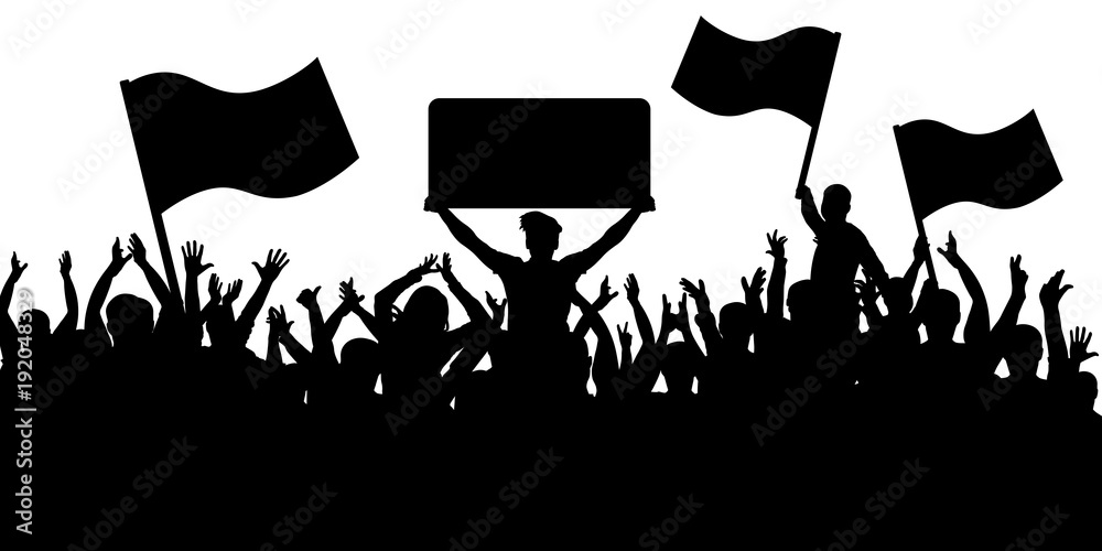 Crowd of people with flags silhouette background. Sports fans. Stock