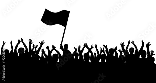 Crowd of people silhouette. Sports fans. People cheerful. Man with flag