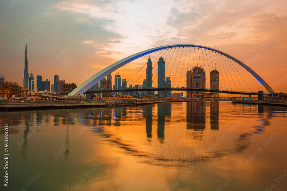 Amazing Dubai downtown view at the sunset, United Arab Emirates