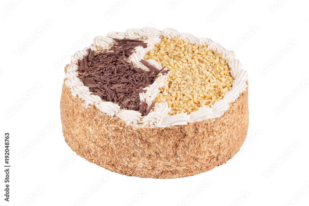 Round tasty cake with coffee cream. Sweet chocolate and nut cake Round tasty cake with coffee cream. Sweet chocolate and nut cake