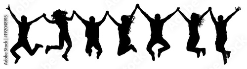 People holding hands in a jump silhouette. Funny friends jump background