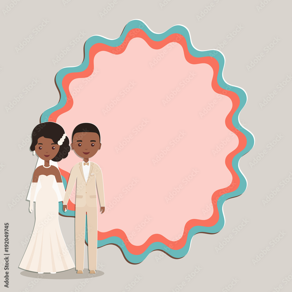 Cartoon black, African American groom, bride with space for text. Vector.  Animated wedding characters. Couple newlyweds. Invitation template Save the  date card. Holiday background. Stock Vector | Adobe Stock