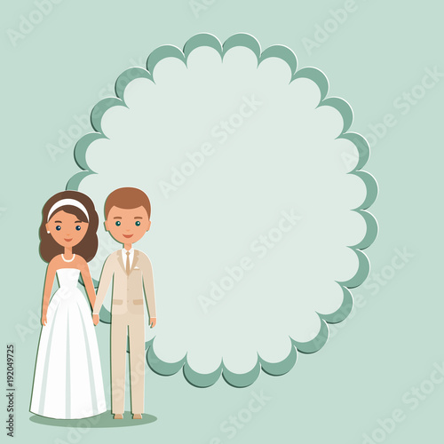 Cartoon groom, bride with space for text. Vector. Animated wedding  characters standing. Couple newlyweds. Invitation template Save the date  card. Flat avatars people. Holiday background. Stock Vector | Adobe Stock