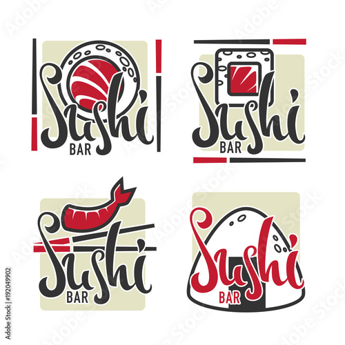 japaneese food sushi doodle  logo template collection with lettering composition