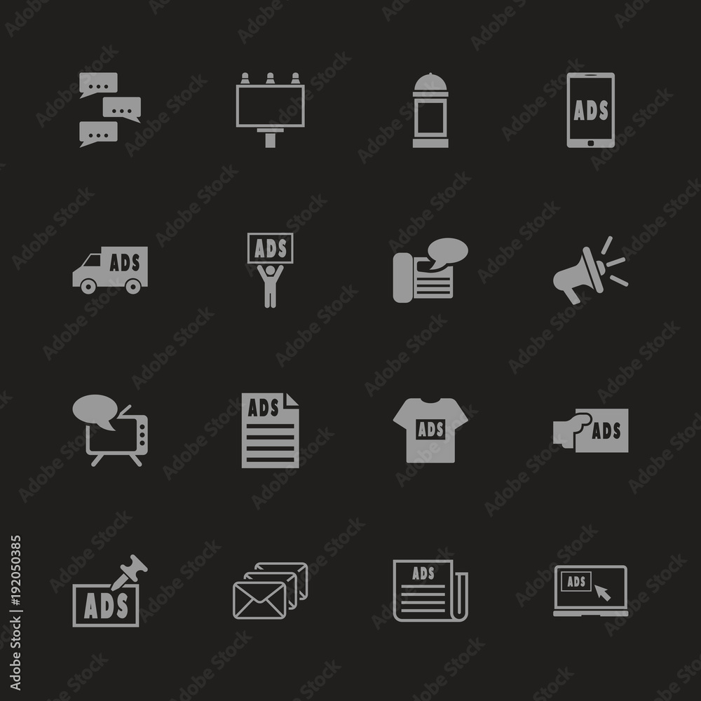 Advertisement icons - Gray symbol on black background. Simple illustration. Flat Vector Icon. Advertisement icons - Gray symbol on black background. Simple illustration. Flat Vector Icon.