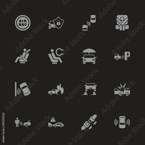 Auto Safety icons - Gray symbol on black background. Simple illustration. Flat Vector Icon.