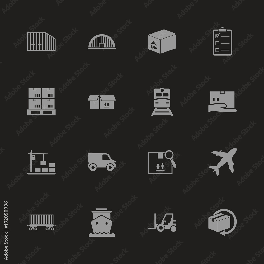 Cargo icons - Gray symbol on black background. Simple illustration. Flat Vector Icon.