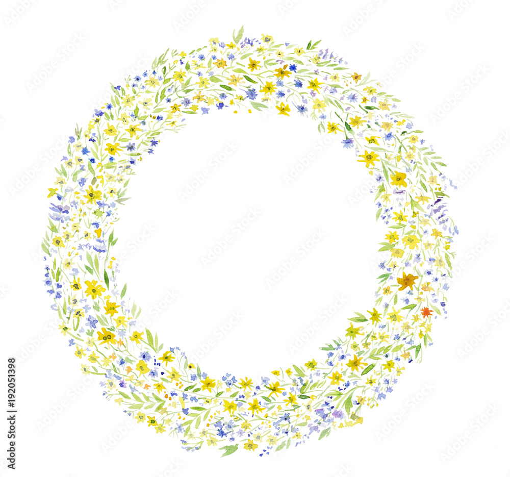 watercolor illustration, wreath small flowers yellow, blue, leaves and branches, tender, exquisite