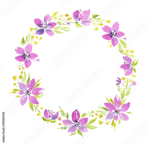 watercolor illustration  garland purple bright flowers  green leaves