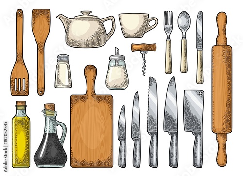 Set Kitchen utensils. Vector vintage engraving