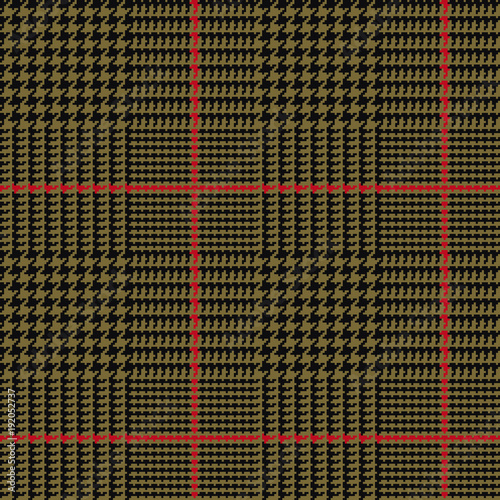 Glen Plaid Vector Pattern in Army Green and Black with Red Overcheck. Prince of Wales Check. Classic Houndstooth Seamless Textile Print. Traditional Scottish Fabric. Pixel Pattern Tile Swatch Included
