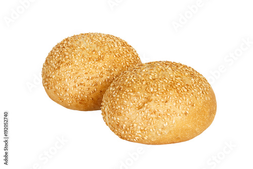 Two Round sandwich bun with sesame seeds isolated on white background