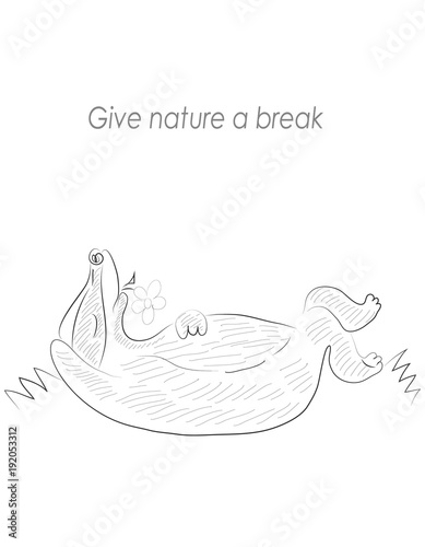 Wildlife welfare. Badger with flower lies on grass. Black and white vector sketch.