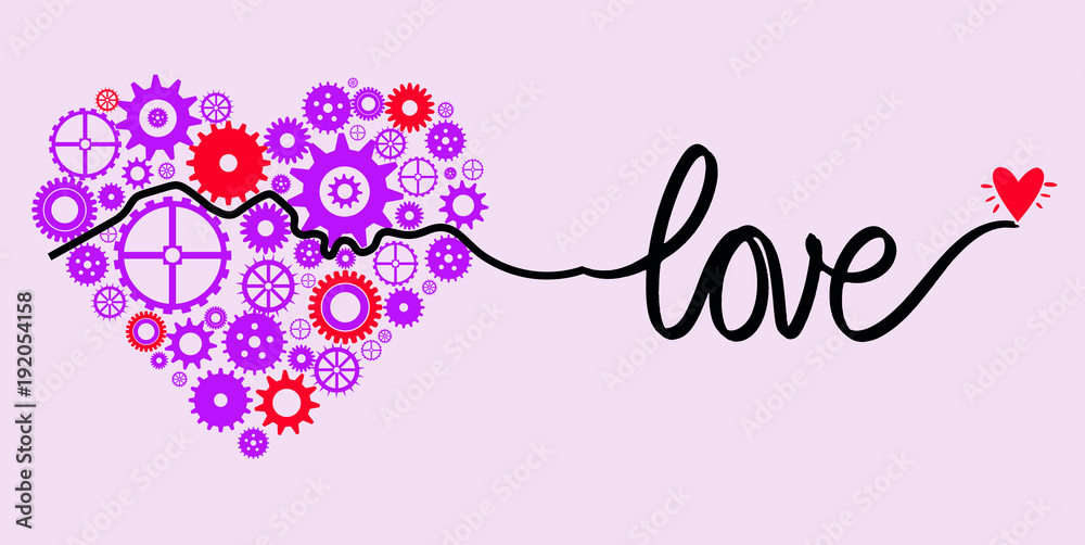 St. Valentines day concept. Gears in a shape of heart next to the word Love, both connected.