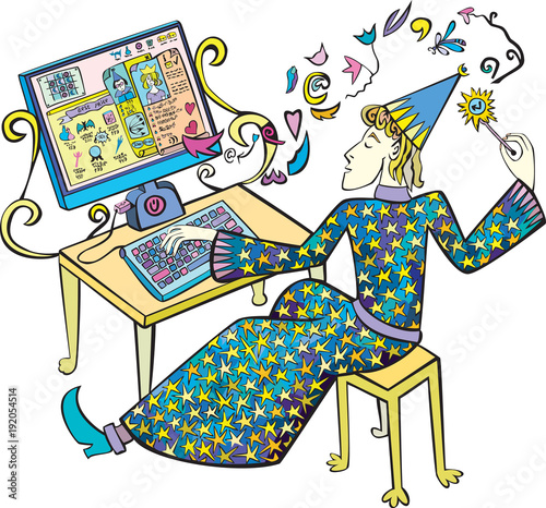 Wizard working on his computer, chatting with his friends and playing online game