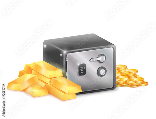 Metal Safe Strongbox with Golden Coins Gold Bars
