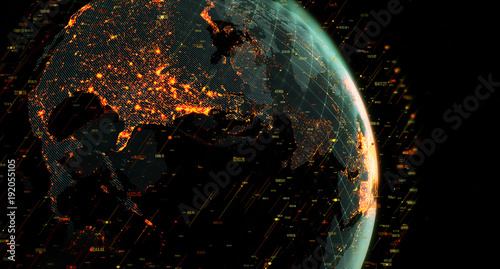 Global International Connectivity Background/Connection lines Around Earth Globe, Blockchain network concept. Futuristic Technology Theme Background with Light Effect
