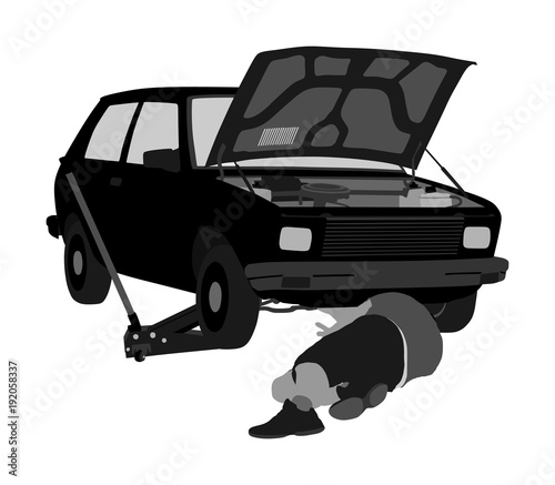 Car repair services mechanic on the road vector illustration. Problem with car with open hood. Mechanic lying and working under car at the repair garage.
