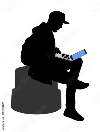 Boy work mining on laptop outdoor vector silhouette illustration isolated on white background. Man online hacking social network or private banking account. Teenager with computer in public.
