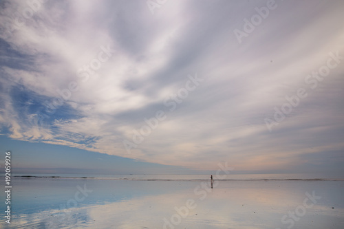 ebb in the ocean. sand beach at low tide. silhouette of a person walking along the ocean. copy space for your text