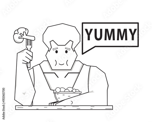 Basic RGBathlete and healthy diet, vegetable diet, muscular man holding fork with broccoli, vector image, flat design, cartoon character,black and white picture