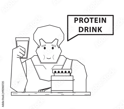 A muscular man holding a glass with a protein cocktail,vector image, flat design, cartoon character