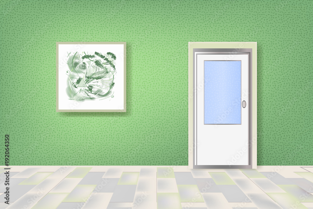 Fototapeta premium White door with glass on the green wall. The concept of modern interior.