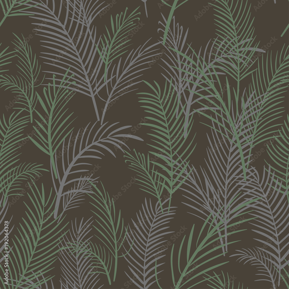 Palm seamless hand-drawn pattern with leaves on a brown background. Vector. Palm seamless hand-drawn pattern with leaves on a brown background. Vector.